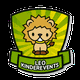 Niedlicher Löwen-Cartoon mit Schriftzug "Leo Kinderevents" auf grünem Hintergrund.
