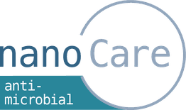 Logotipo "nano Care antimicrobial" en texto azul sobre fondo blanco.