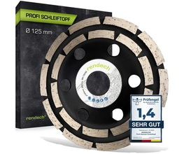Schleiftopf mit Verpackung, Durchmesser 125 mm, Testsiegel "1,4 sehr gut" sichtbar.
