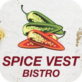 Rødt og grønt chili-logo for "Spice Vest Bistro" på hvid baggrund.