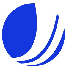 Logotipo azul y blanco de forma circular con líneas curvas.