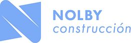 Logotipo de Nolby Construcción con fondo blanco y texto azul claro.