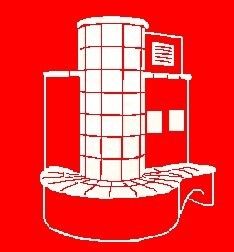 Weißes Gebäude-Symbol auf rotem Hintergrund, abstrakte Darstellung mit rechteckigen Formen.