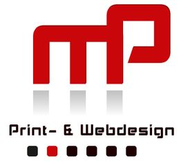 Rotes Logo mit den Buchstaben "mp". Text darunter: "Print- & Webdesign", Farbpalette darunter.
