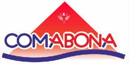 Logo de Comabona, triángulo rojo con espigas y texto azul y rojo con una línea ondulada azul.