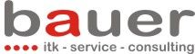 Logo mit Schriftzug: "bauer itk - service - consulting" in Grau und Rot.