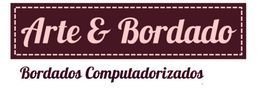 Banner com texto "Arte & Bordado" em rosa e "Bordados Computadorizados" em bordô.
