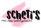 Schwarz-weißer Schriftzug "scheti's" vor rosa Hintergrund mit Text "Mit Liebe Selbstgemacht".