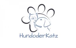 Pfotenabdruck mit Katzengesicht und Hundesilhouette, darunter Schriftzug "HundoderKatz".