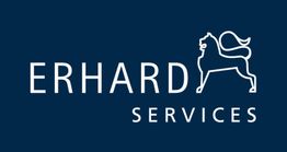 Logo von Erhard Services mit einem stilisierten Pferd auf dunkelblauem Hintergrund.