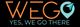 WEGO logo with a paper plane icon and the slogan "Yes, We Go There" on a black background.