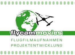 Logo von Flycam Movies mit Weltkugel und Drohne, Text: Flugfilmaufnahmen, Projektentwicklung.