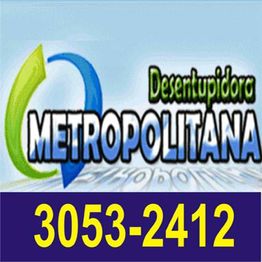 Logotipo Desentupidora Metropolitana com número de telefone: 3053-2412. Fundo azul e verde.