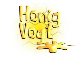 Text "Honig Vogt" in Honigoptik vor Wabenhintergrund.
