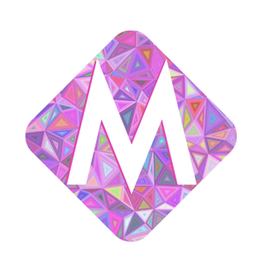 Driehoekige mozaïekachtergrond met grote witte letter M centraal.