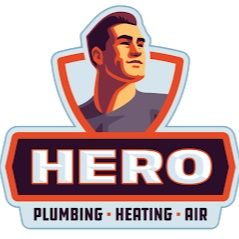 Logo featuring a stylized person with the text: "Hero Plumbing Heating Air."