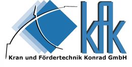 Logo der "Kran und Fördertechnik Konrad GmbH" mit blauen Quadraten und geschwungenen Linien.