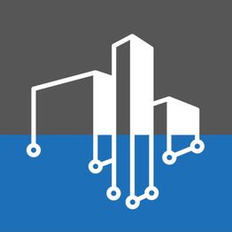 Symbol mit weißen Gebäuden und Schaltkreisen auf grauem und blauem Hintergrund.