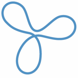 Abstrakte, blaue, blumenartige Schleifenform auf weißem Hintergrund.