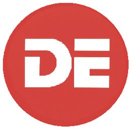 Rotes rundes Logo mit weißen Buchstaben "DE" in der Mitte.