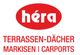 Rotes "héra"-Logo mit Text: "TERRASSEN-DÄCHER, MARKISEN, CARPORTS" in roter Schrift.