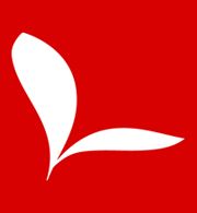 Rotes Quadrat mit weißem, stilisiertem Blattmotiv in der Mitte.