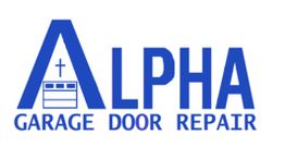 Alpha Garage Door Repair logo in blue with a garage door and cross inside the letter "A".