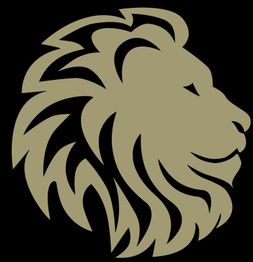 Silhouette eines Löwenkopfs in beige auf schwarzem Hintergrund.