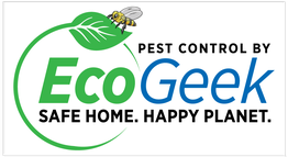 EcoGeek logo with a leaf, bee, "Pest Control," "Safe Home. Happy Planet."
