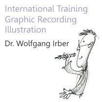 Dr. Wolfgang Irber, Schreibend, mit Text: International Training Graphic Recording Illustration.
