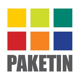 Sechs bunte Quadrate über dem Wort "PAKETIN".