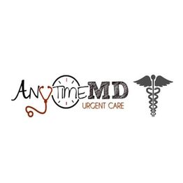 Logo for Anytime MD Urgent Care with stethoscope and caduceus symbol.