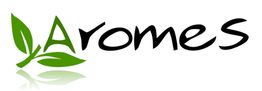 Logotipo de la palabra "Aromes" con hojas verdes en la letra "A".