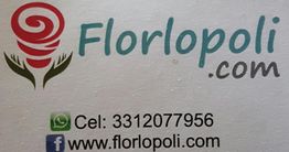 Flor con texto "Florlopoli.com". Contacto: 3312077956, www.florlopoli.com.