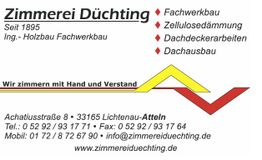 Visitenkarte von Zimmerei Düchting mit Leistungen und Kontaktdaten.