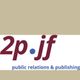 Logo mit Text "2p·jf" und "public relations & publishing" auf weißem Hintergrund.