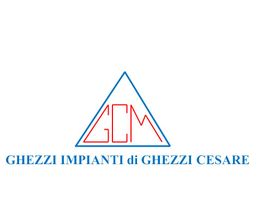 Logo aziendale Ghezzi Impianti, con scritta rossa GM in un triangolo blu.