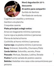 Menú degustación con descuento y opciones de platos principales, postre y bebida.