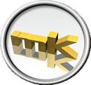 Weißer Kreis mit 3D-gelben Buchstaben "mk" in der Mitte.