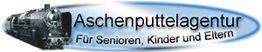 Schwarz-weiße Dampflok neben dem Text "Aschenputtelagentur, Für Senioren, Kinder und Eltern".