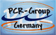 Logo mit Schriftzug "PCR-Group Germany" auf blauem Hintergrund mit orangen und blauen Linien.