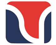 Logo abstracto con formas curvas rojas y azules que se entrelazan en un fondo blanco.