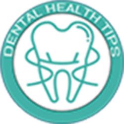 Icon of a tooth with floss surrounded by "Dental Health Tips" text in a green circle.