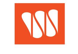 Abstract logo with white shapes on an orange background.