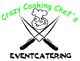 Zeichnung mit verrücktem Kochgesicht, gekreuzten Messern, Text: "Crazy Cooking Chef's Eventcatering".