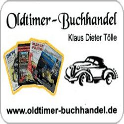 Logo mit Oldtimer-Buchhandel Text, Autoskizze, alten Zeitschriften und Website-Link.