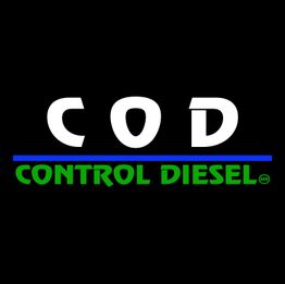 Texto "COD Control Diesel" en blanco, azul y verde sobre fondo negro.