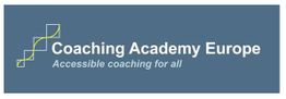 Logo der Coaching Academy Europe, Text: "Accessible coaching for all", blau-grauer Hintergrund.