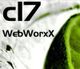 Text "cl7 WebWorxX" auf weißem Hintergrund mit einem grünen, verschwommenen Objekt.