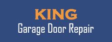 Blue sign with "KING Garage Door Repair" in orange and white text.